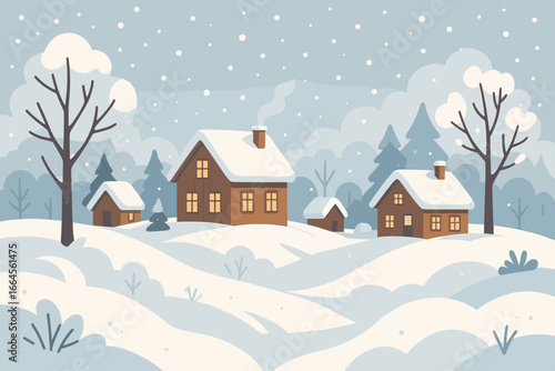Winter landscape with snow-covered village houses and trees. Snowy rural day vector illustration. Cozy countryside scene with cabins in a forest. Modern flat cartoon style.