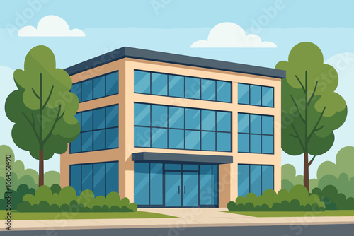 Modern office building exterior with glass windows. Corporate business center or company headquarters facade. Vector flat cartoon illustration of a city school, hospital, or mall.