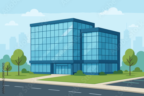 Modern office building with glass facade. Corporate headquarters or business center exterior view. Urban architecture with green lawn, trees, and city silhouette background.