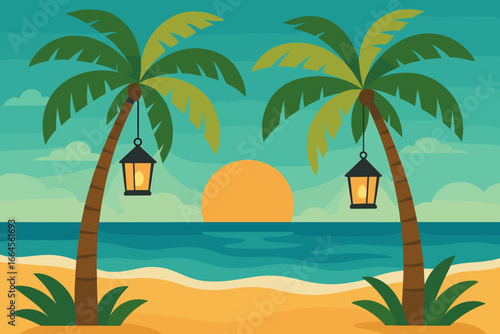 Tropical beach sunset with palm trees and glowing lanterns, ocean seashore, modern flat vector, cartoon style, vacation holiday paradise, travel resort, summer relaxation, exotic coast