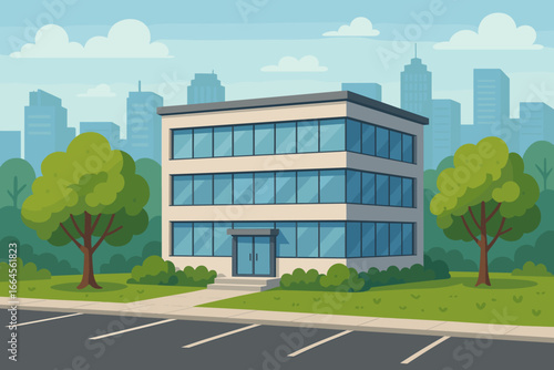 Modern office building exterior with empty parking lot and green trees. Urban cityscape background. Corporate headquarters facade. Business center architecture. Flat vector cartoon.