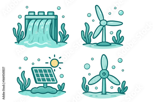 Renewable energy icon set. Hydro, solar, and wind power generation concepts. Green energy technology illustration for sustainability and ecology. Vector cartoon aquatic symbols.