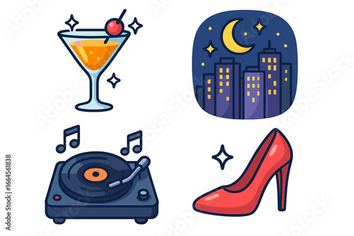 Nightlife icon set for party and celebration. Urban entertainment concept with cocktail, DJ turntable music, city at night, and high heel shoe. Vector cartoon graphic illustrations.