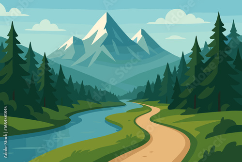 Scenic mountain landscape with winding river, pine forest, snow-capped peaks, nature path trail, outdoor hiking adventure, wild park, picturesque natural beauty, vector illustration