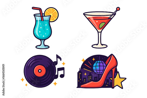 Nightlife party vector icon set. Cartoon sticker collection with cocktails, music, and fashion elements. Retro disco concept with martini glass, vinyl record, high heel shoe.