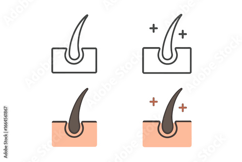 Hair follicle vector icon set. Hair care, treatment, and growth concept. Dermatology symbol for scalp health and anti-hair loss. Healthy hair root and follicle illustration.