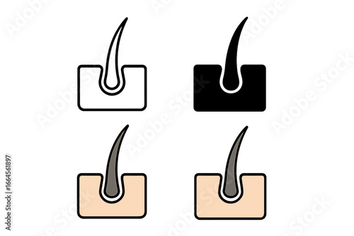 Hair follicle vector icon set. Skin layer cross section with a single hair shaft. Dermatology and trichology concept. Hair growth, loss, transplant, care, and treatment symbol.