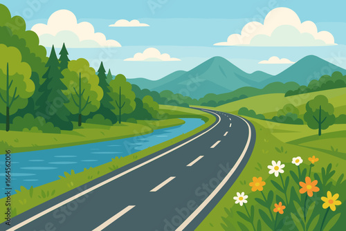 Scenic road along the river in a rural landscape. Asphalt highway through the countryside with a forest, mountains and flowers. Summer road trip or journey concept vector.