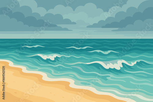 Seascape vector background. Sandy beach with restless ocean waves under a cloudy sky. Tropical coast scene in modern flat cartoon style. Nature landscape before a storm concept.