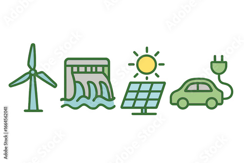 Renewable Energy Icon Set Wind Turbine Hydropower Solar Panel Electric Car Clean Energy Future Eco Power Generation Green Technology Sustainability Vector Cartoon Transparent Background