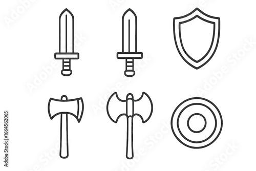 Wallpaper Mural Medieval weapon icon set. Line style swords, axes, and shields collection. Vector illustration of historic arms and armor for games, web design, and fantasy projects. Torontodigital.ca