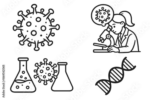 Science research vector icon set. Scientist with microscope, virus cell, DNA helix, laboratory flasks. Concept for virology, microbiology, genetics, medicine, pandemic, discovery.