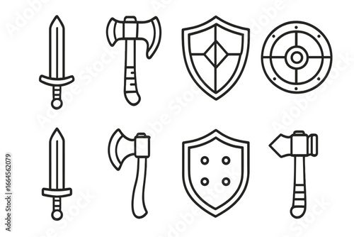 Medieval weapon icon set. Line art collection of swords, axes, shields, and hammer. Outline style for fantasy, knight, or viking themes. Vector cartoon battle illustration.