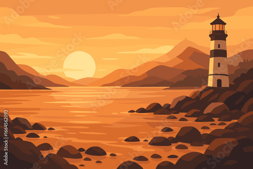 Panoramic coastal landscape with lighthouse, rocky seashore, scenic sunset, tranquil ocean bay, mountains and hills, serene water, beacon tower, maritime navigation, vector illustration