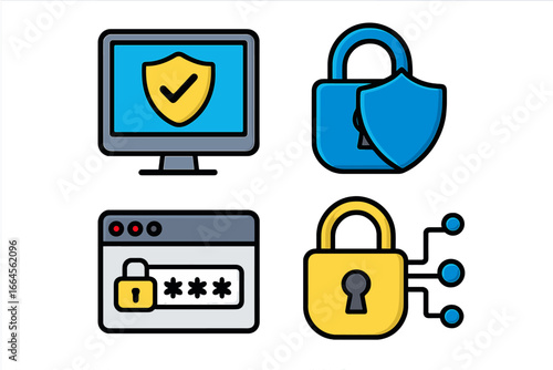 Security icon set. Cybersecurity concept. Online protection and data privacy measures. Digital environment safety. Computer antivirus shield, password login, and network encryption.