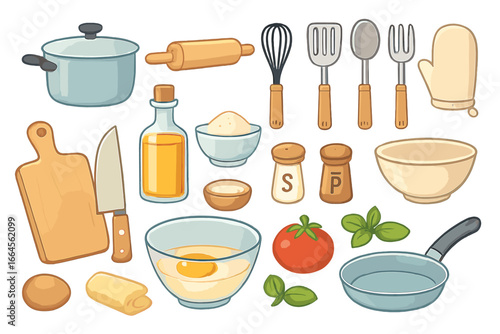 Kitchen utensils and ingredients for cooking. Food preparation icons set. Vector illustration of cookware, pot, pan, egg, flour, oil, tomato for recipe. Culinary concept.