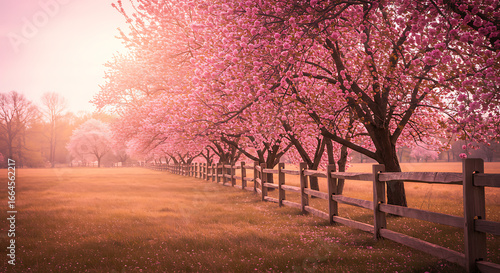 Pink Blossom Trees, Wooden Fence, Spring Meadow