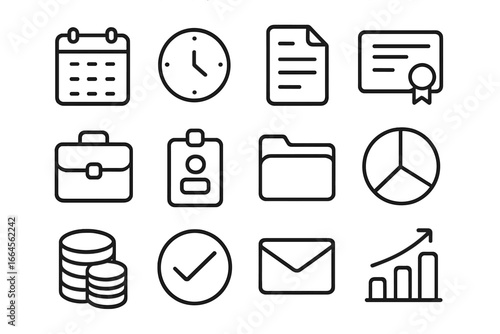 Business and office management thin line icon set. Vector symbols for finance, schedule, document, certification, growth, and communication. Minimalist outline pictograms.