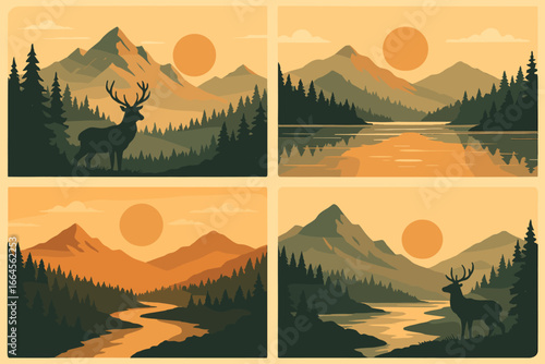 Mountain nature landscape set. Vintage illustrations with wildlife deer silhouette, pine forest, river, and lake at sunset or sunrise. Vector for travel, outdoors, national park.