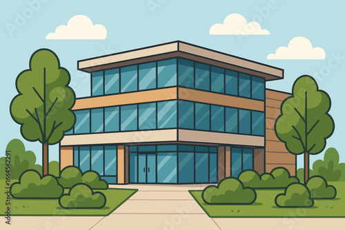 Modern building facade vector illustration. Office, school, hospital, or mall exterior. Flat cartoon style. Corporate architecture concept. Business center. Urban landscape with trees.