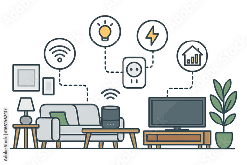 Smart home technology vector illustration. IoT devices in a modern living room showing connectivity, automation, and energy management. Concept for internet of things, smart house.