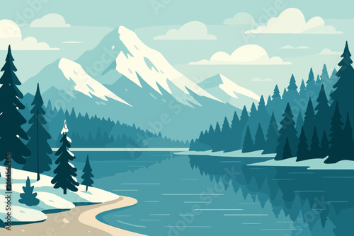 Winter mountain landscape with lake and pine forest. Panoramic vector illustration of a tranquil nature scene. Scenic background with snowy peaks, water reflection and trees.