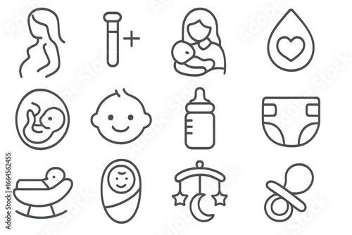 Pregnancy and baby care line icon set. Maternity, newborn healthcare, motherhood outline pictograms. Vector symbols for infant, pediatrics, pregnant woman, feeding, childbirth.