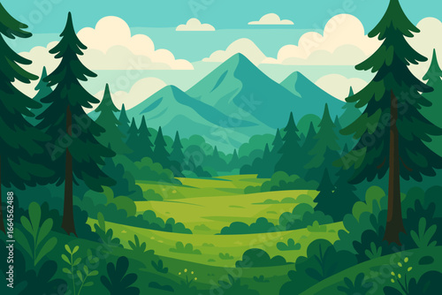 Vector illustration of a serene mountain landscape. Paradise scenery with green valley, pine forest, and blue sky. Concept for summer vacation, holiday, travel, and hiking.
