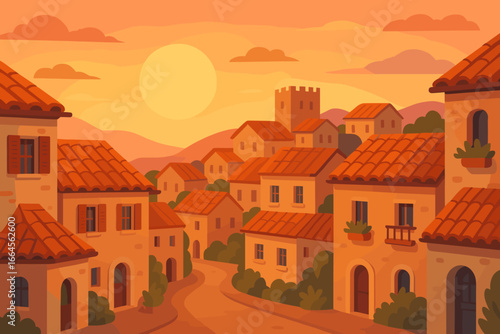 Picturesque Mediterranean village at sunset with historic old houses, clay tile roofs, scenic hills, warm orange sky. Tranquil vacation town, peaceful street, travel destination, rustic architecture