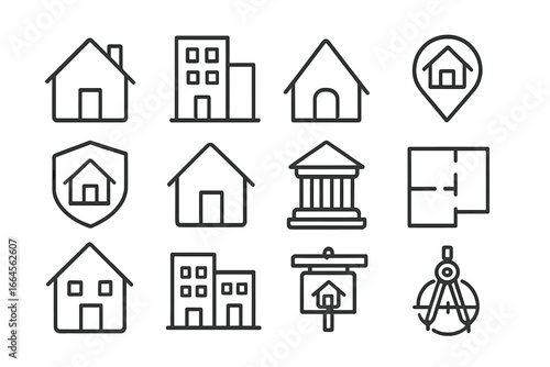 Real estate and property outline icon set. Home, building, and architecture linear icons collection. Vector symbols for mortgage, insurance, location, construction, and planning.