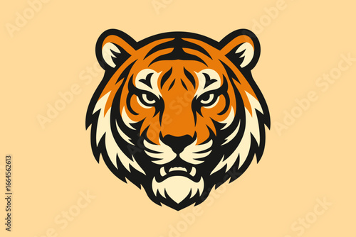 Fierce Tiger Head Logo Vector Illustration. Bold Wild Animal Mascot Face. Big Cat Symbol for Sports, Branding, Tattoo. Modern Flat Cartoon Style Isolated on Beige Background