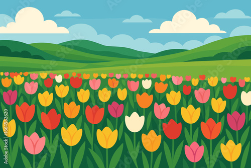 Scenic countryside landscape with vibrant tulip field. Spring summer flower meadow. Modern flat vector cartoon illustration for a beautiful nature background and seasonal design.
