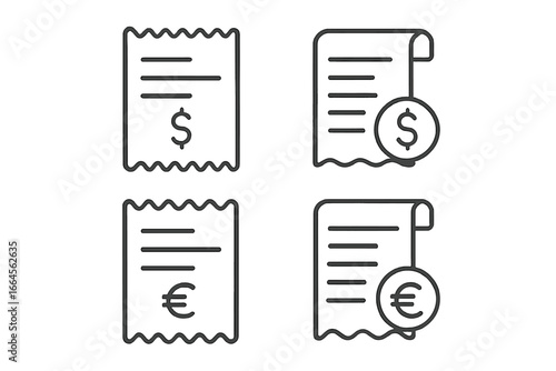 Set of receipt line icons with dollar and euro currency symbols. Financial bill, invoice, and payment vector icons. Concept for accounting, expense, transaction, business.