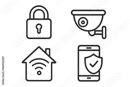 Linear vector icon set of smart security devices including padlock, surveillance camera, smart home automation, and mobile app protection. Modern line art, security technology illustration.