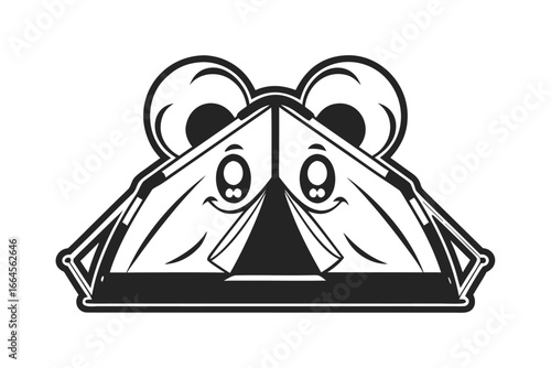 Cute Tent with Bear Ears Design, Camping Icon on White Background, Monochromatic