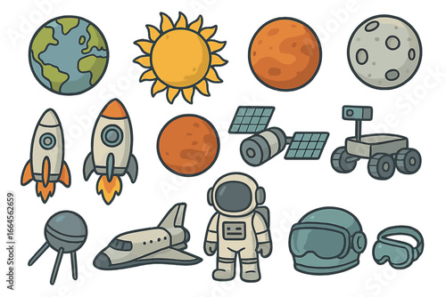Space exploration vector cartoon set featuring planets Earth Mars Moon Sun, rockets, astronaut suit and helmet, spacecraft, rover, satellite technology. Science adventure concept isolated.