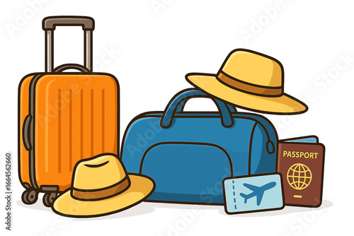 Summer Vacation Travel Essentials Vector Illustration with Suitcase, Duffle Bag, Passport, Airline Ticket, Sun Hats, Packing Accessories for Holiday Trip, Tourism Adventure, Transparent Background