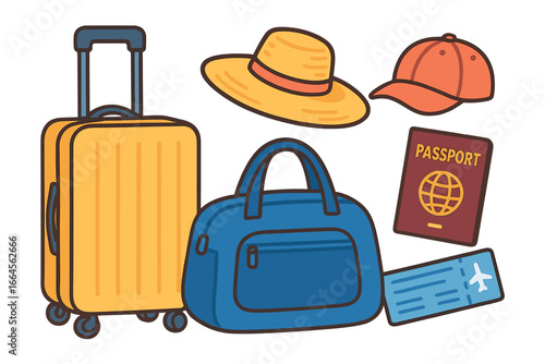 Summer vacation travel essentials vector illustration. Cartoon luggage, suitcase, duffel bag, straw hat, baseball cap, passport, airplane ticket. Travel accessories icon set for trips, holidays.