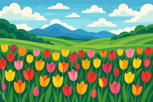 Vibrant spring landscape with a colorful tulip field. Green hills and mountains background. Floral meadow scenery. Nature vector illustration in a flat cartoon style. Summer bloom.