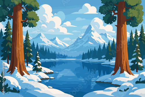 Winter landscape vector with giant sequoia trees by a tranquil lake. Snow-covered mountains and pine forest background. Serene nature scenery, outdoor wilderness concept.
