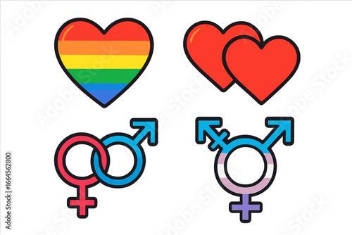 Modern vector cartoon illustration of LGBTQ love, partnership, gender identity, pride heart, rainbow symbol, double heart, male female icons, transgender symbol. Colorful social inclusion icons set.