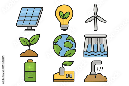 Renewable energy icon set. Sustainable technology concepts for a greener future. Eco-friendly power sources like solar, wind, hydro, geothermal, and biomass. Vector icons.