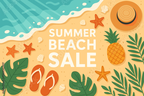 Summer beach sale promotion banner. Top view of a tropical sandy beach with ocean waves, pineapple, starfish, sun hat, and flip-flops. Vector illustration for holiday discount.
