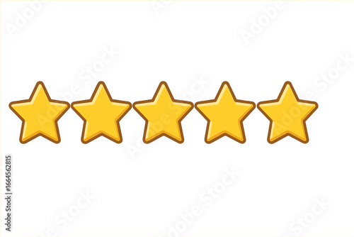 Five stars rating review vector illustration. Cartoon gold stars icon for customer feedback and quality evaluation. Isolated vector symbol for satisfaction, ranking, award, and testimonials