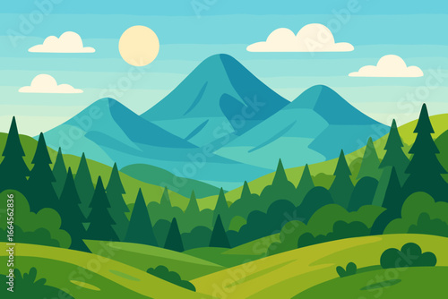 Summer mountain landscape vector illustration. Cartoon nature scenery with green hills, pine forest, and sun. Outdoor travel background concept. Modern flat design for web and print.