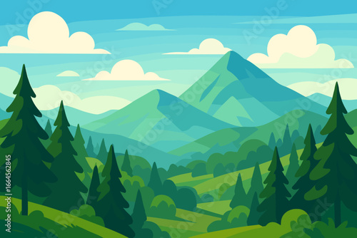 Summer mountain landscape with pine forest and green hills. Vector cartoon illustration of nature scenery. Concept for travel, hiking, environment, and outdoor adventure.