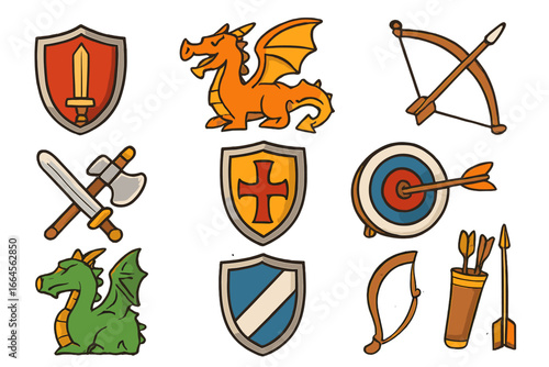 Medieval fantasy vector icons set. Colorful cartoon shields, swords, axes, dragons, bows, arrows, and archery targets. Epic adventure symbols for game, battle, quest, knight, legend, magic design.