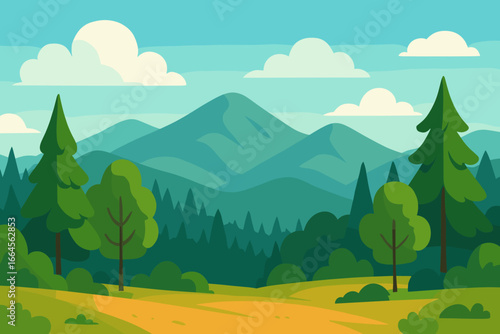 Summer mountain landscape with forest, trees, and blue sky. Flat cartoon vector illustration. Natural park scenery for travel, hiking, or tourism background. Serene outdoor view.
