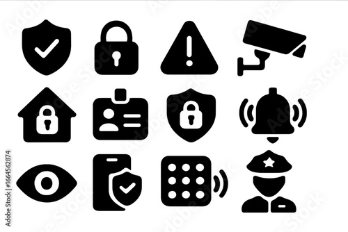 Security Surveillance and Protection Icon Set. Solid Style Vector Illustration. CCTV Camera, Alarm, Shield, Lock, ID Badge, Police, Home Security, Privacy, Safety Symbols, Monitoring, Alert Concept