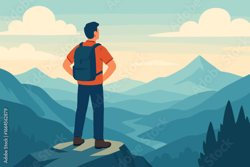 Man standing on mountain summit overlooking beautiful landscape, adventure travel, hiking outdoor holiday, panoramic peak scenery, motivation, modern flat vector cartoon illustration